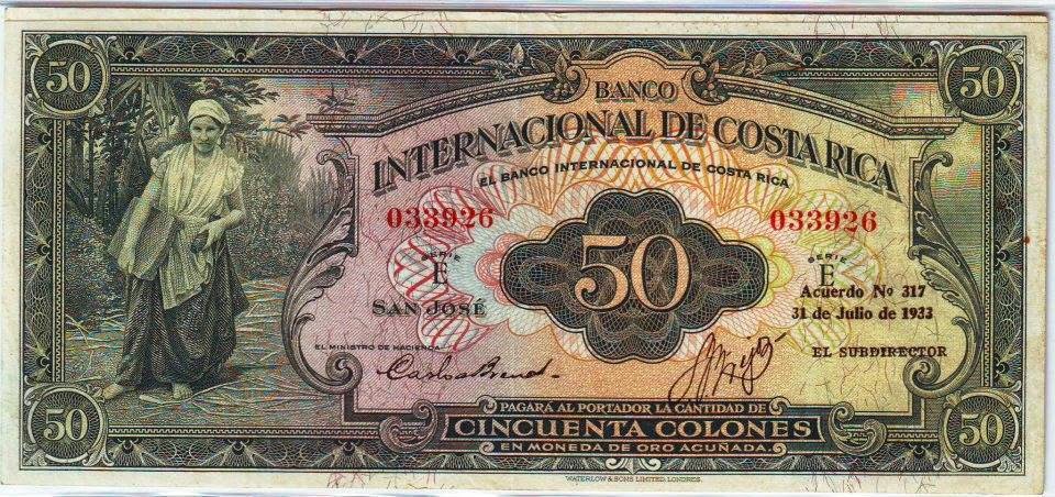 Image result for Billete de 50 colones, banco internacional de costa rica, 1933