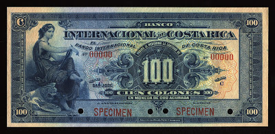 Image result for Billete de 100 colones, Banco Internacional de Costa Rica, 1919